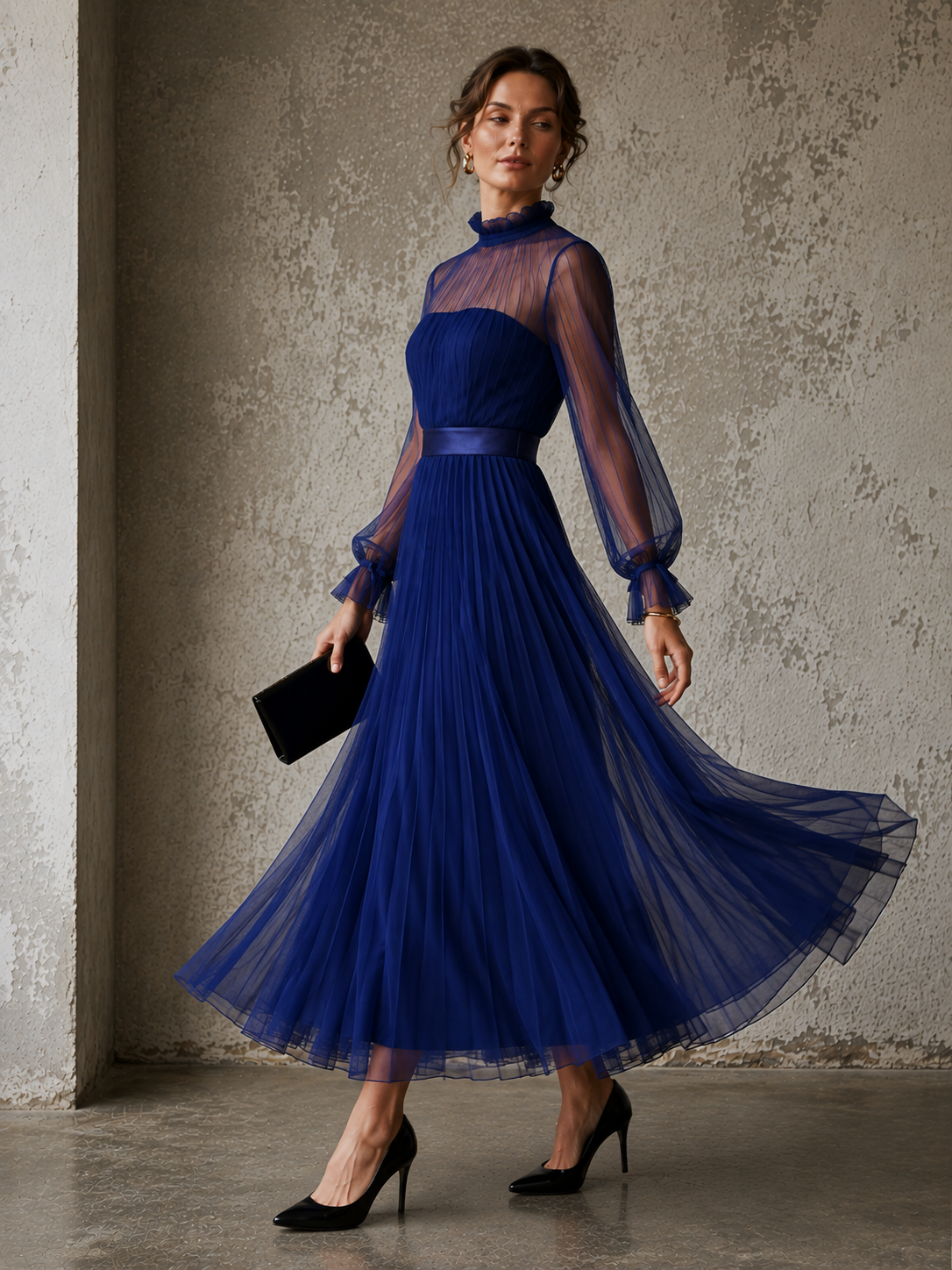 Blue Chiffon Lantern Sleeve High-Neck A-Line Dress