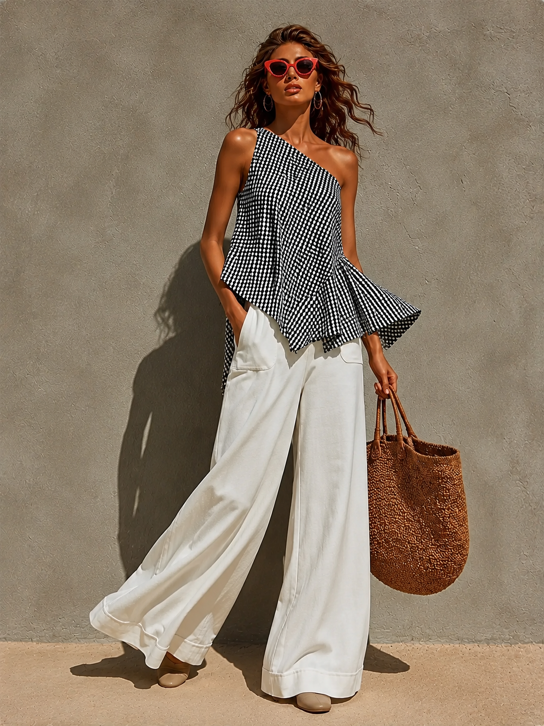 Black & White Polka Dot One-Shoulder Handkerchief Top