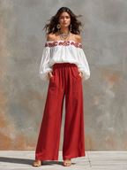 Linen Elastic-Waist Wide-Leg Pants
