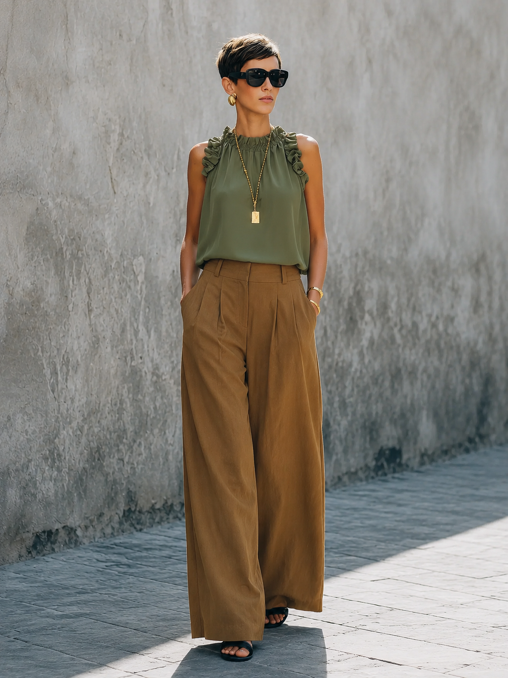 Brown Draped Wide-Leg Pants
