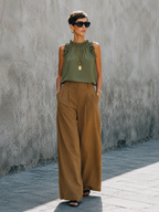 Brown Draped Wide-Leg Pants