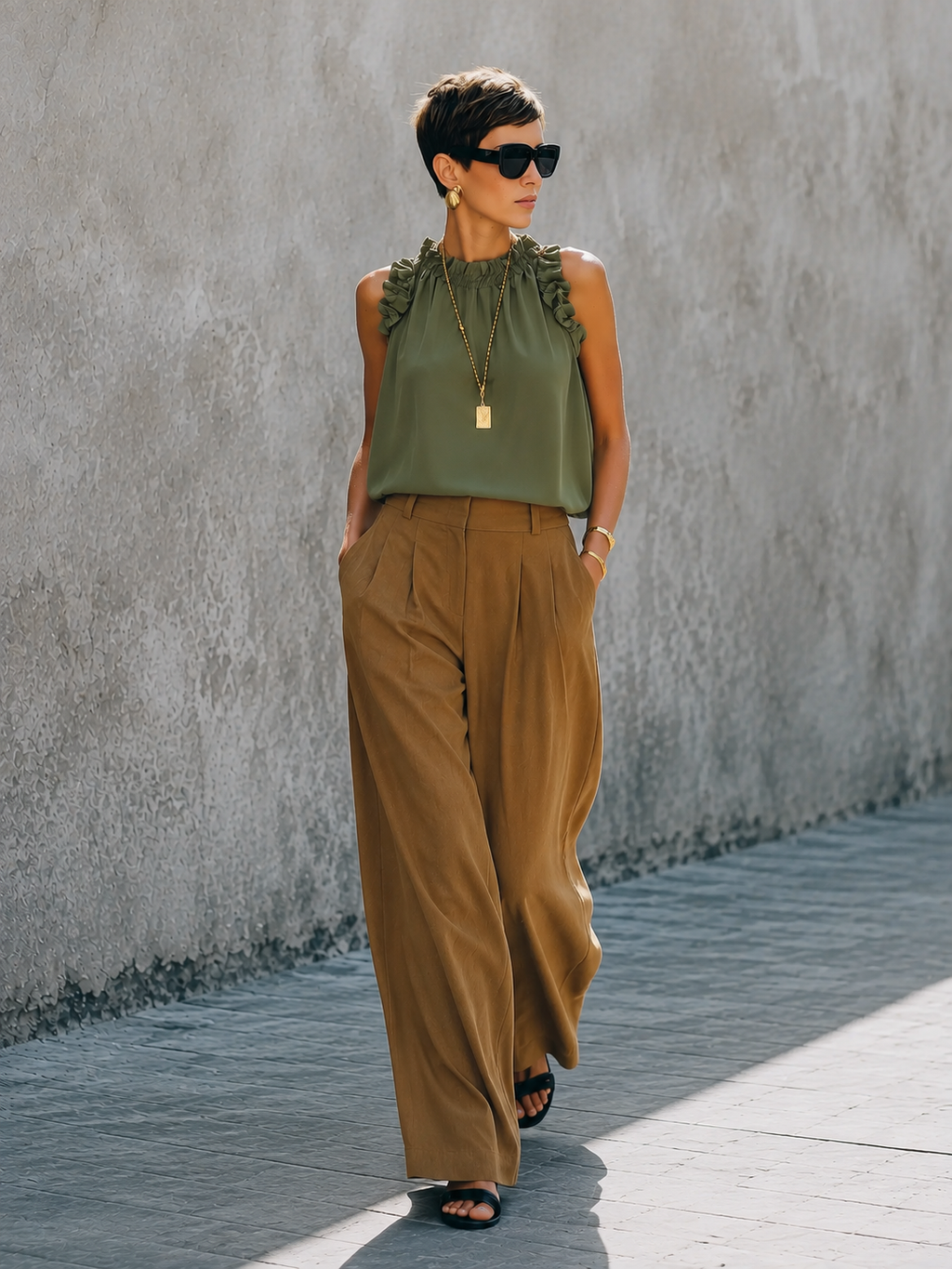 Brown Draped Wide-Leg Pants