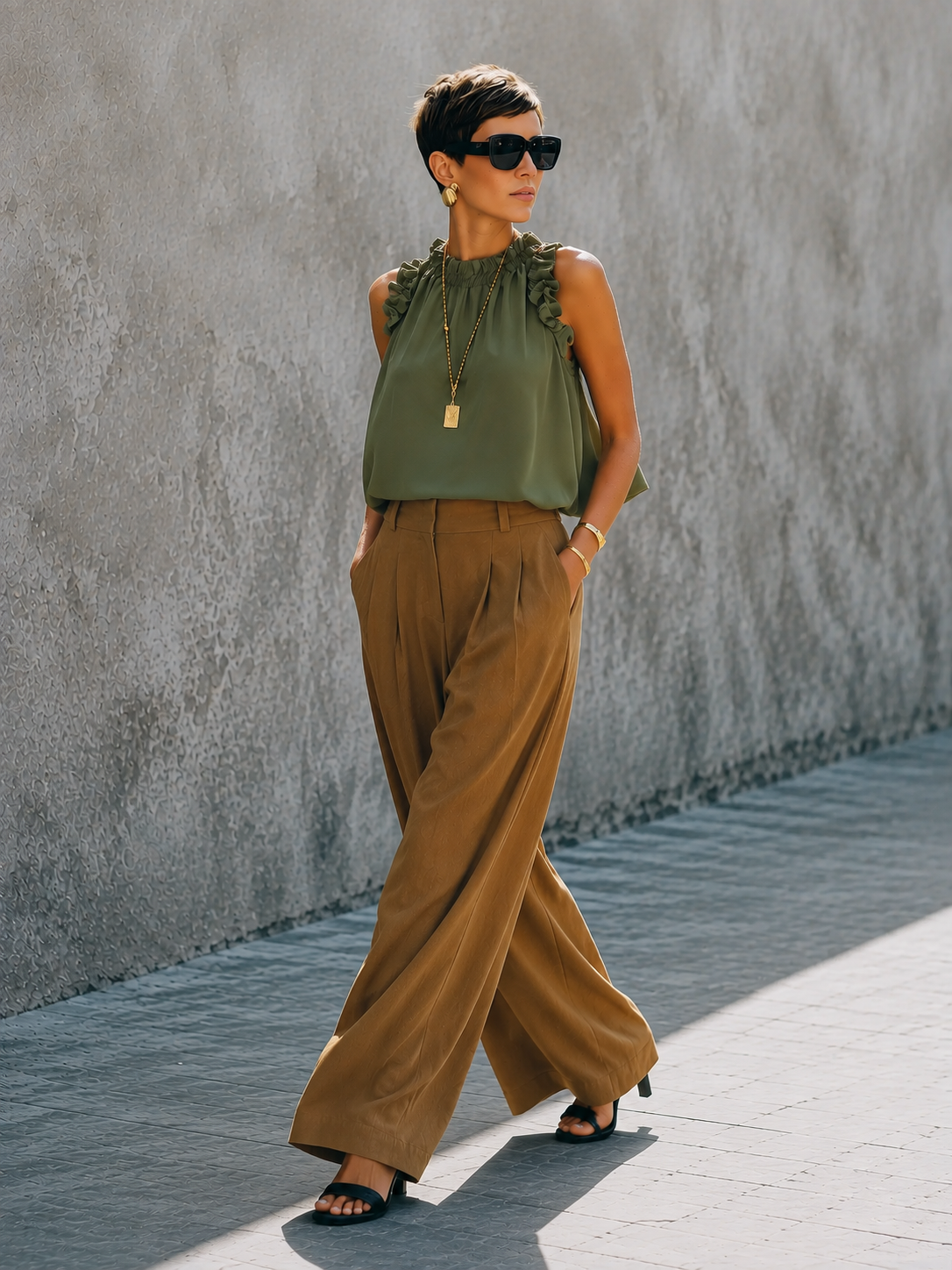Brown Draped Wide-Leg Pants