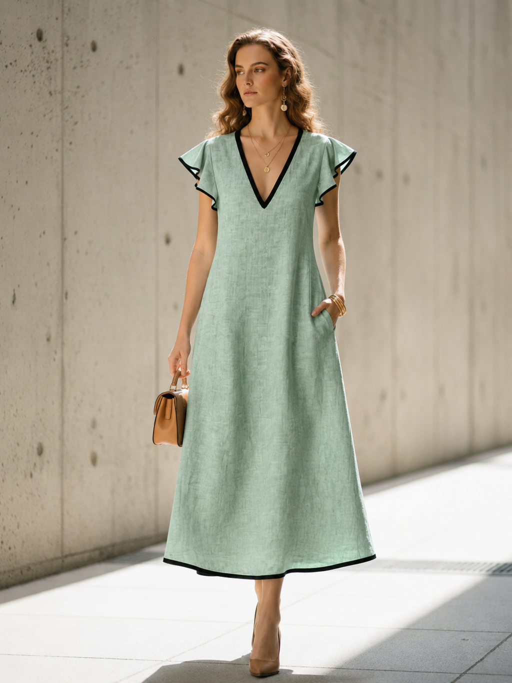 Light Green Color-Block V-Neck A-Line Long Dress