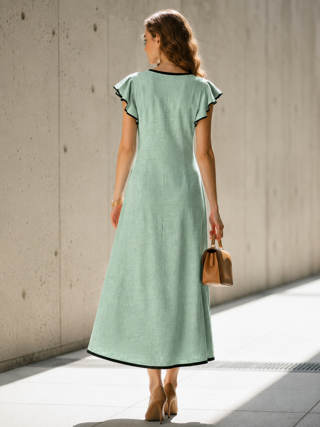 Light Green Color-Block V-Neck A-Line Long Dress