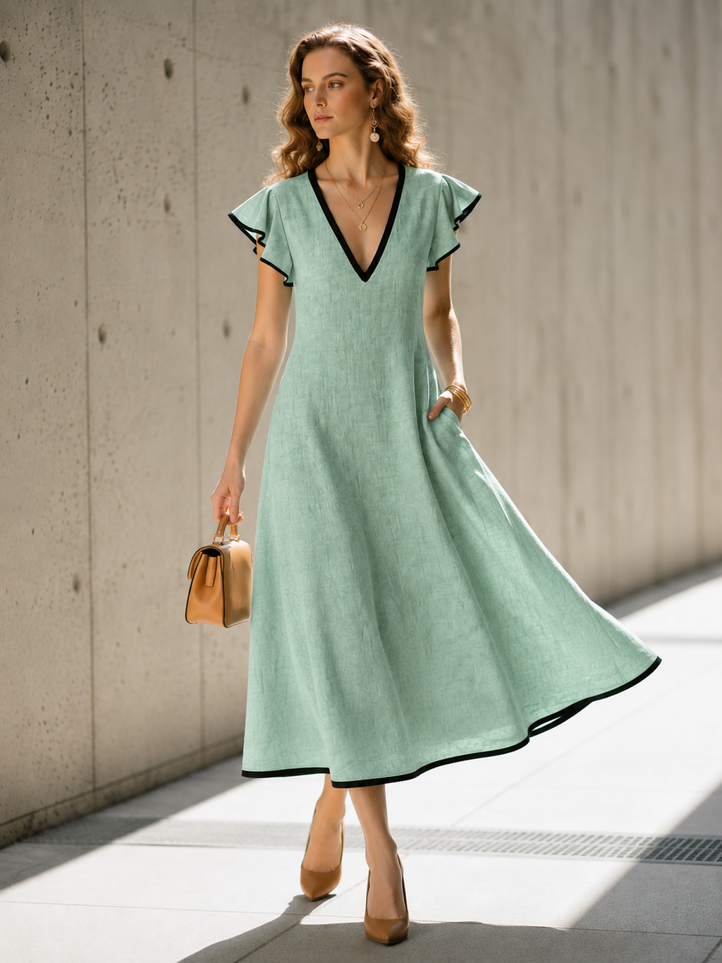 Light Green Color-Block V-Neck A-Line Long Dress