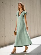 Light Green Color-Block V-Neck A-Line Long Dress