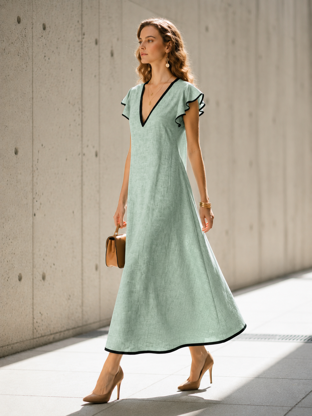 Light Green Color-Block V-Neck A-Line Long Dress