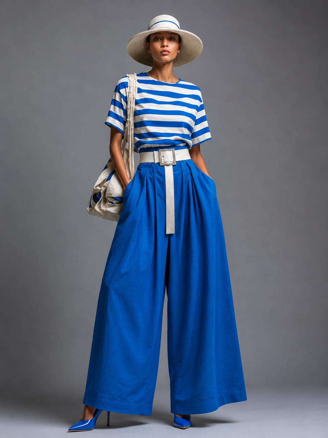 Blue Cotton Wide-Leg Pants