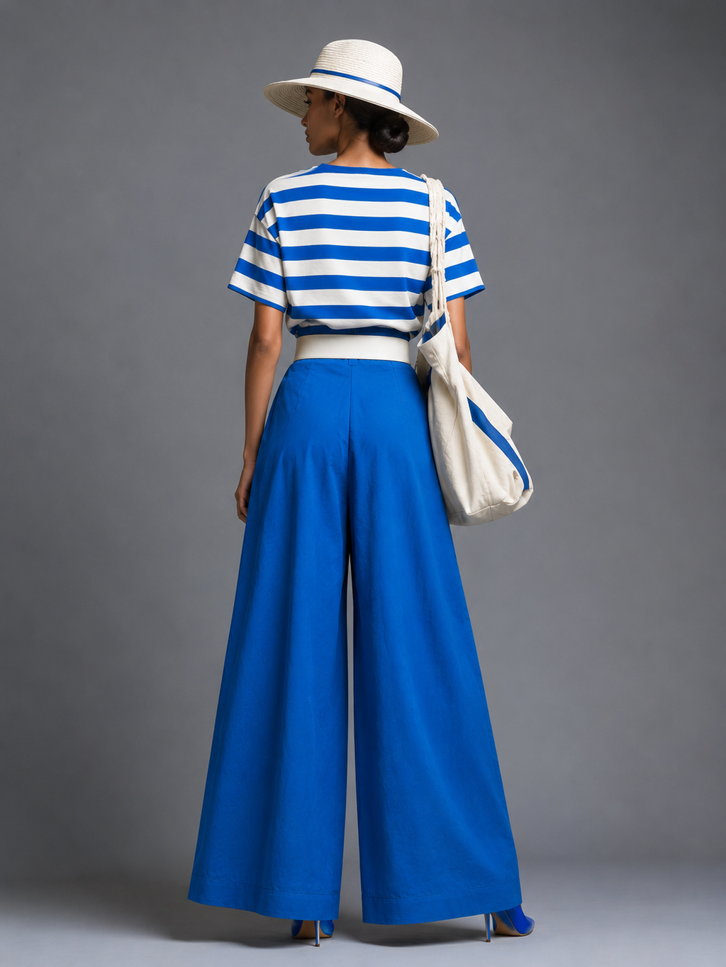 Blue Cotton Wide-Leg Pants