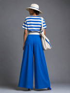 Blue Cotton Wide-Leg Pants