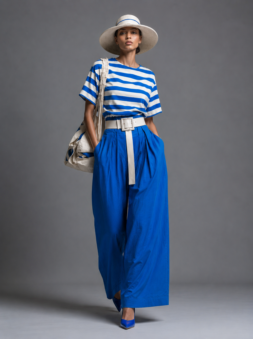 Blue Cotton Wide-Leg Pants