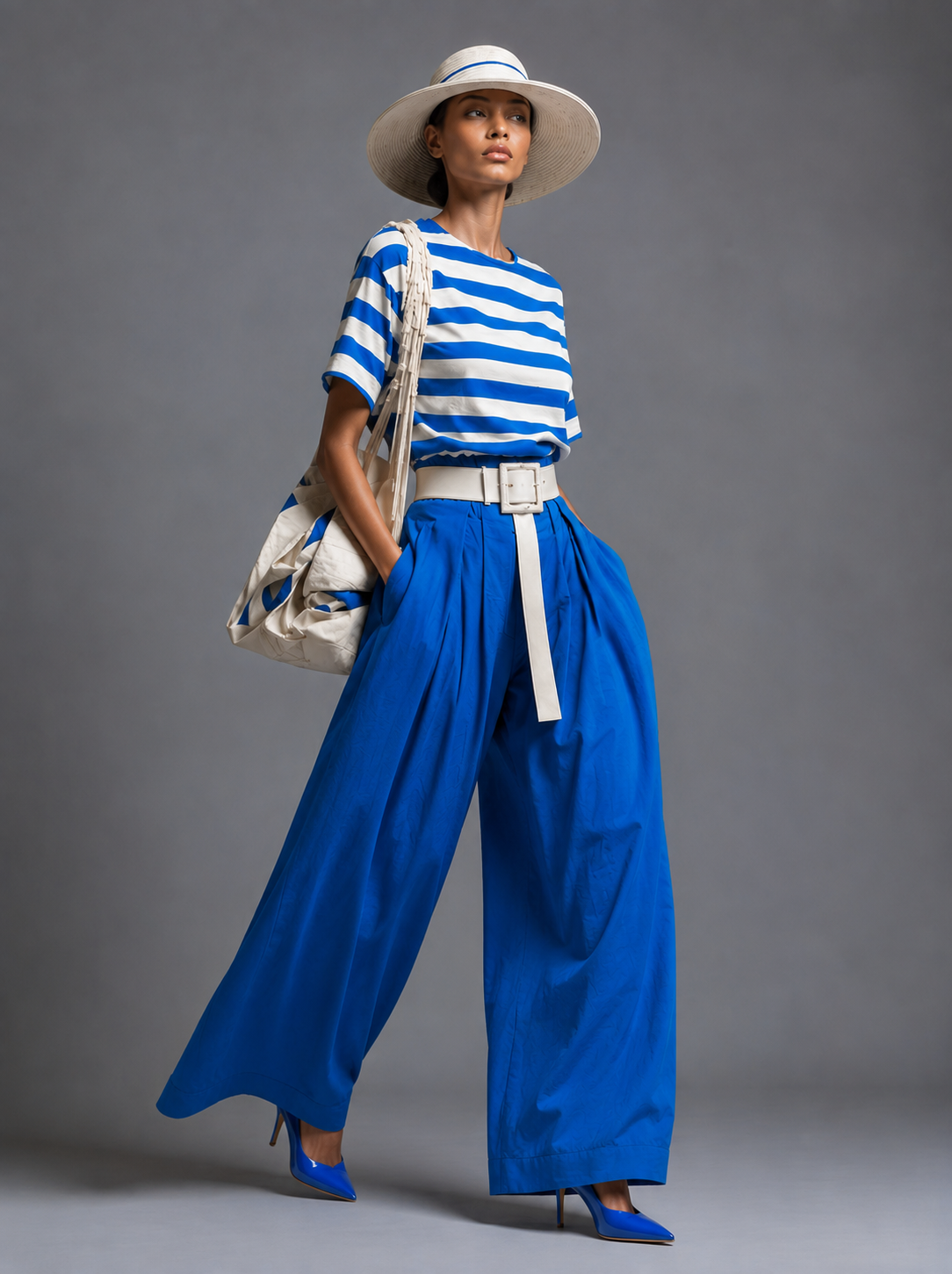 Blue Cotton Wide-Leg Pants