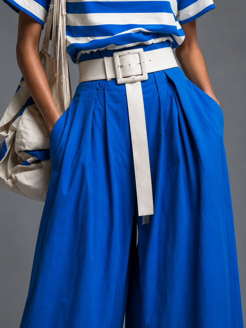 Blue Cotton Wide-Leg Pants