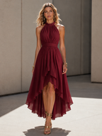 Wine Red Chiffon High-Neck Irregular Hem Mini Dress