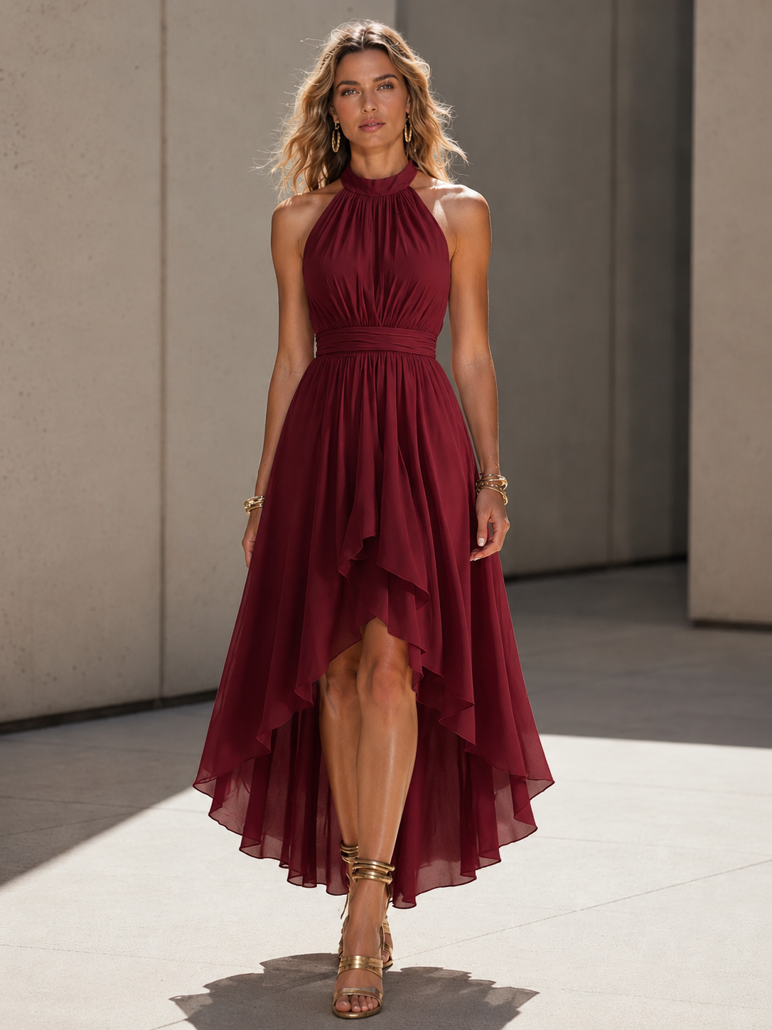 Wine Red Chiffon High-Neck Irregular Hem Mini Dress