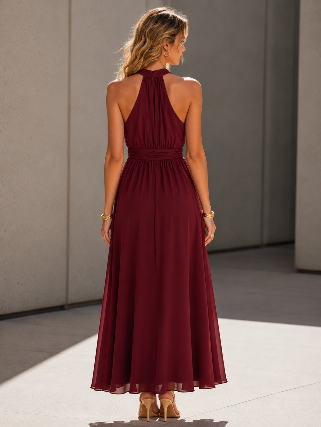 Wine Red Chiffon High-Neck Irregular Hem Mini Dress