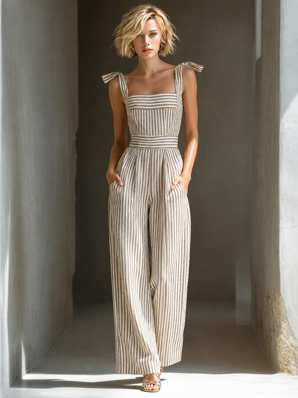 Beige & Brown Striped Square-Neck Top & Straight-Leg Set