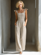 Beige & Brown Striped Square-Neck Top & Straight-Leg Set