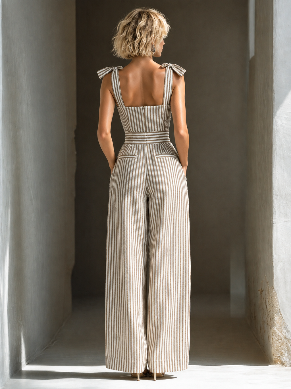 Beige & Brown Striped Square-Neck Top & Straight-Leg Set
