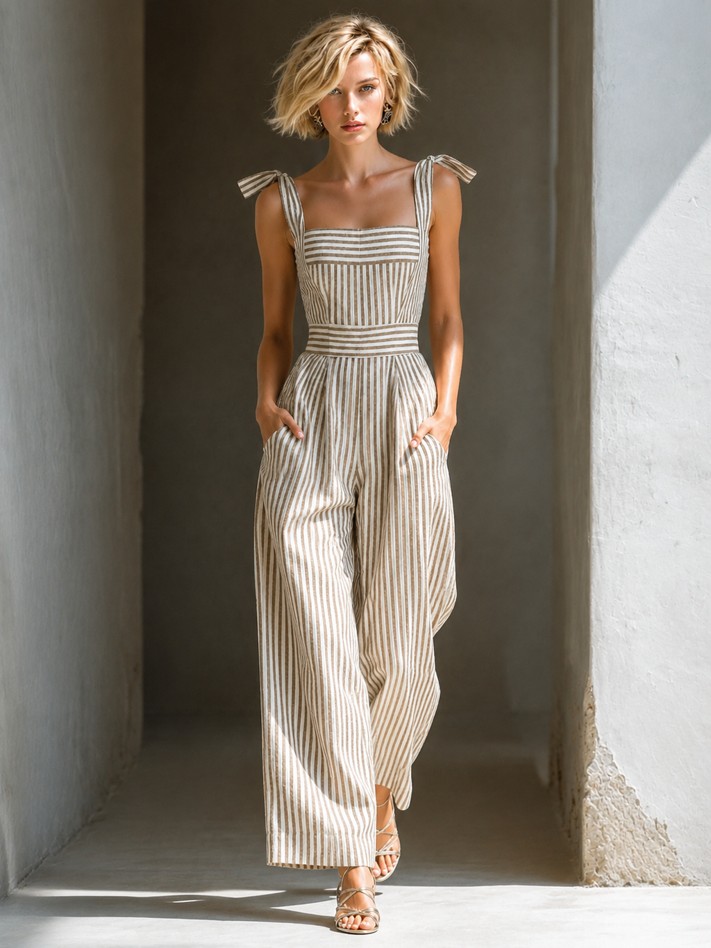 Beige & Brown Striped Square-Neck Top & Straight-Leg Set