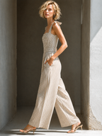 Beige & Brown Striped Square-Neck Top & Straight-Leg Set