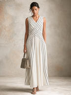 Black & White Striped V-Neck Side Slit Long Dress