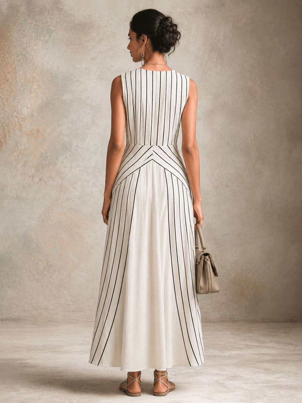 Black & White Striped V-Neck Side Slit Long Dress