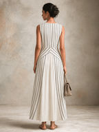Black & White Striped V-Neck Side Slit Long Dress