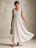 Black & White Striped V-Neck Side Slit Long Dress