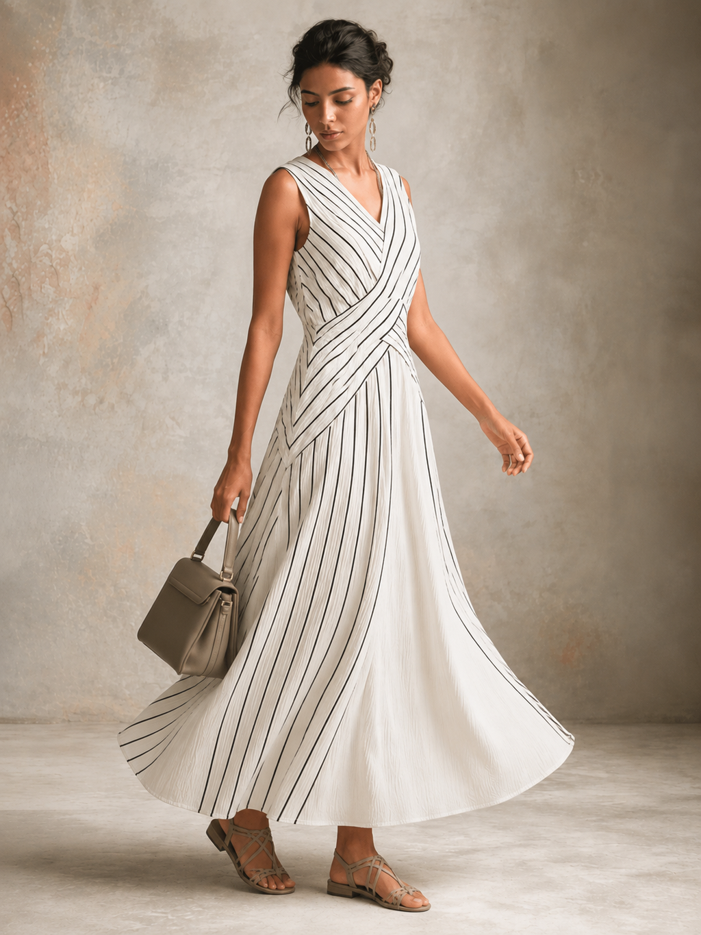 Black & White Striped V-Neck Side Slit Long Dress