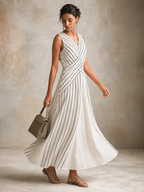 Black & White Striped V-Neck Side Slit Long Dress
