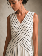 Black & White Striped V-Neck Side Slit Long Dress
