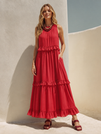 Red Linen Round-Neck Fitted Waist Ruffled Long Dress