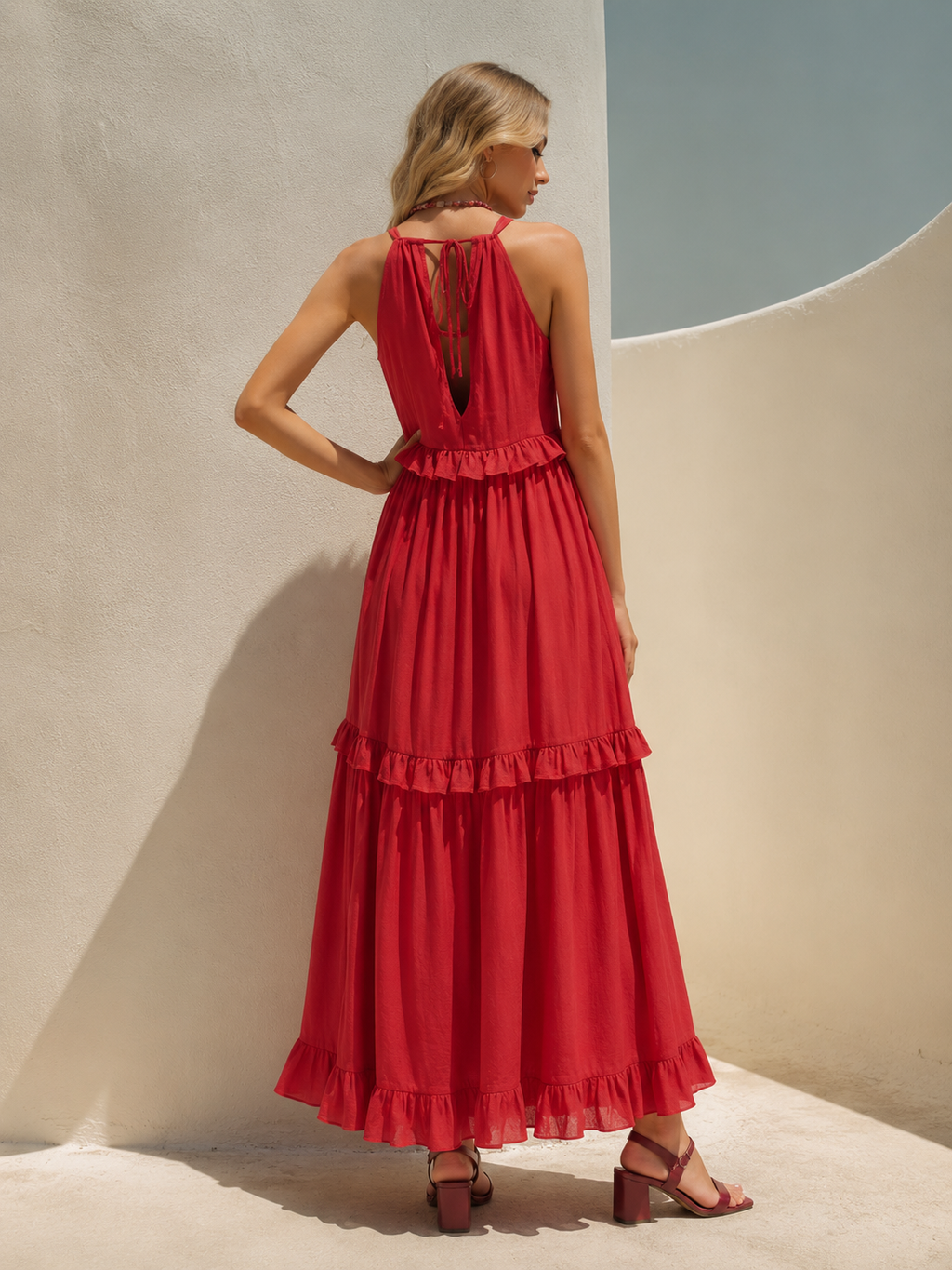 Red Linen Round-Neck Fitted Waist Ruffled Long Dress