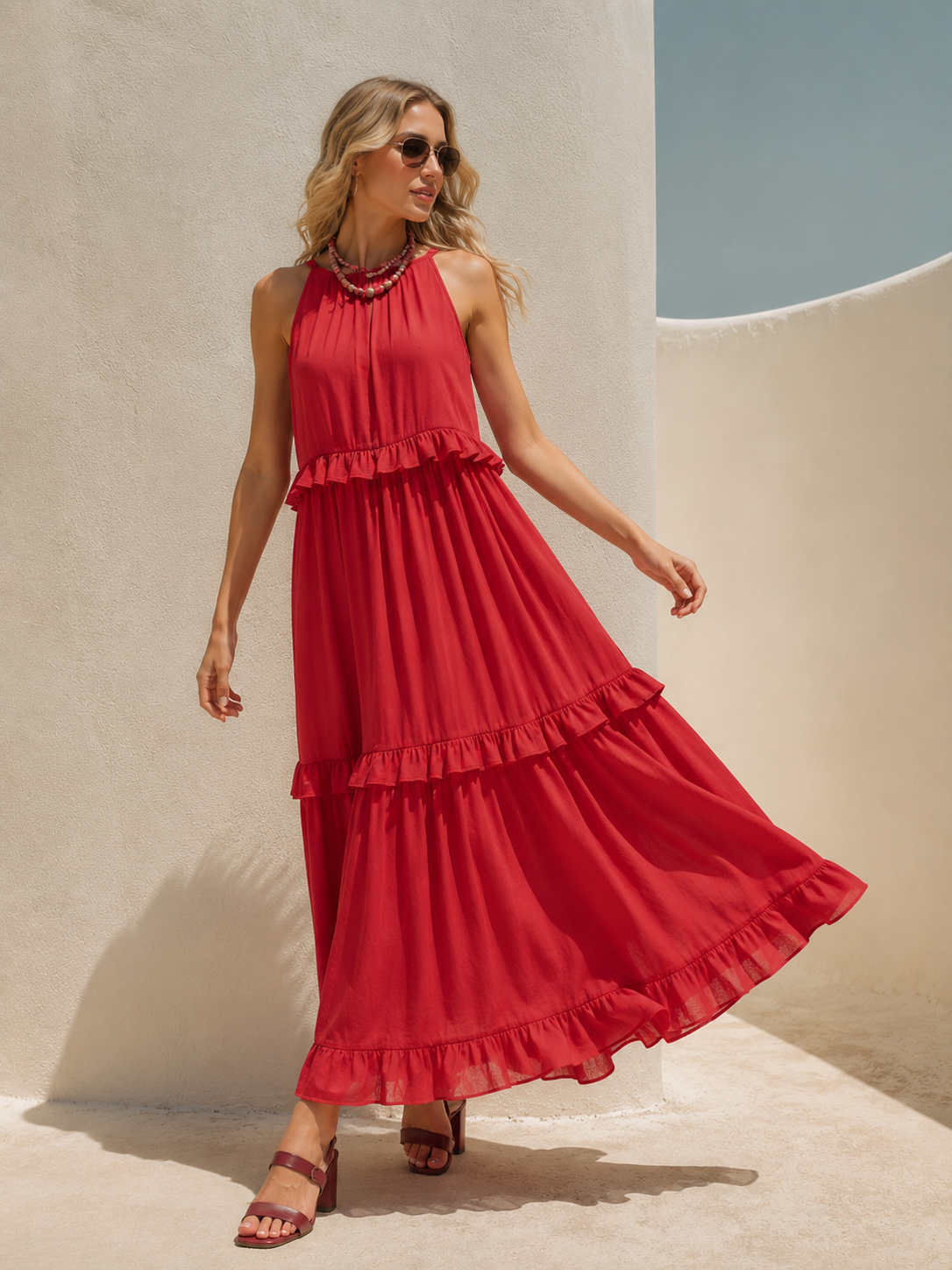Red Linen Round-Neck Fitted Waist Ruffled Long Dress