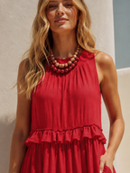 Red Linen Round-Neck Fitted Waist Ruffled Long Dress