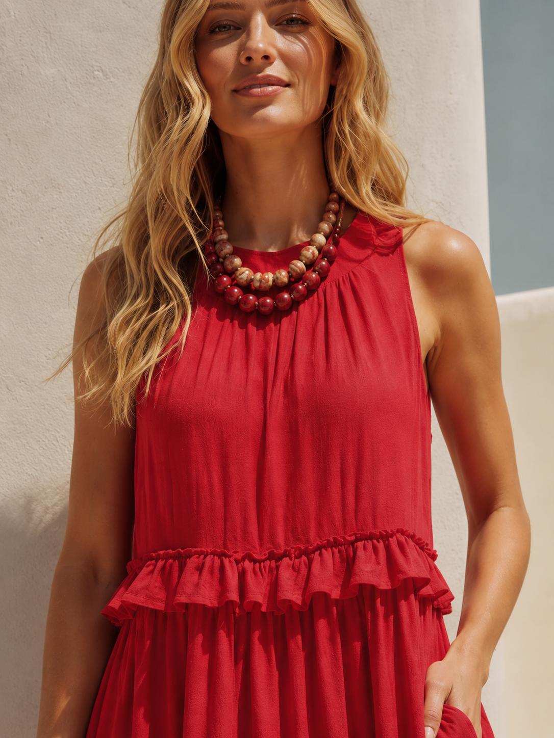 Red Linen Round-Neck Fitted Waist Ruffled Long Dress
