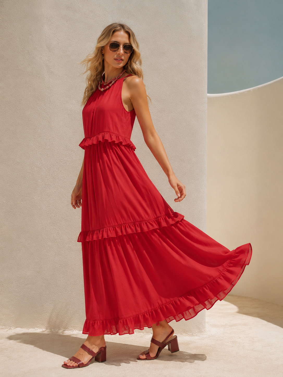 Red Linen Round-Neck Fitted Waist Ruffled Long Dress