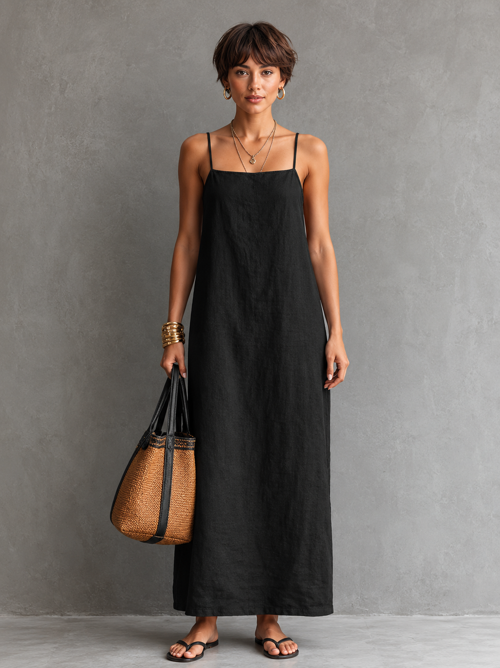 Women's Minimalist Spaghetti-Strap, Square-Neck, Embroidered, Loose-Fit Maxi Dress MDZ1081D5Y