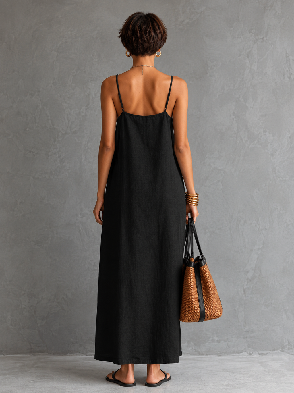 Women's Minimalist Spaghetti-Strap, Square-Neck, Embroidered, Loose-Fit Maxi Dress MDZ1081D5Y