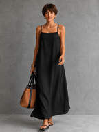 Women's Minimalist Spaghetti-Strap, Square-Neck, Embroidered, Loose-Fit Maxi Dress MDZ1081D5Y