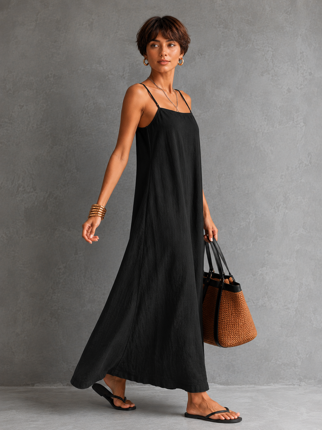Women's Minimalist Spaghetti-Strap, Square-Neck, Embroidered, Loose-Fit Maxi Dress MDZ1081D5Y