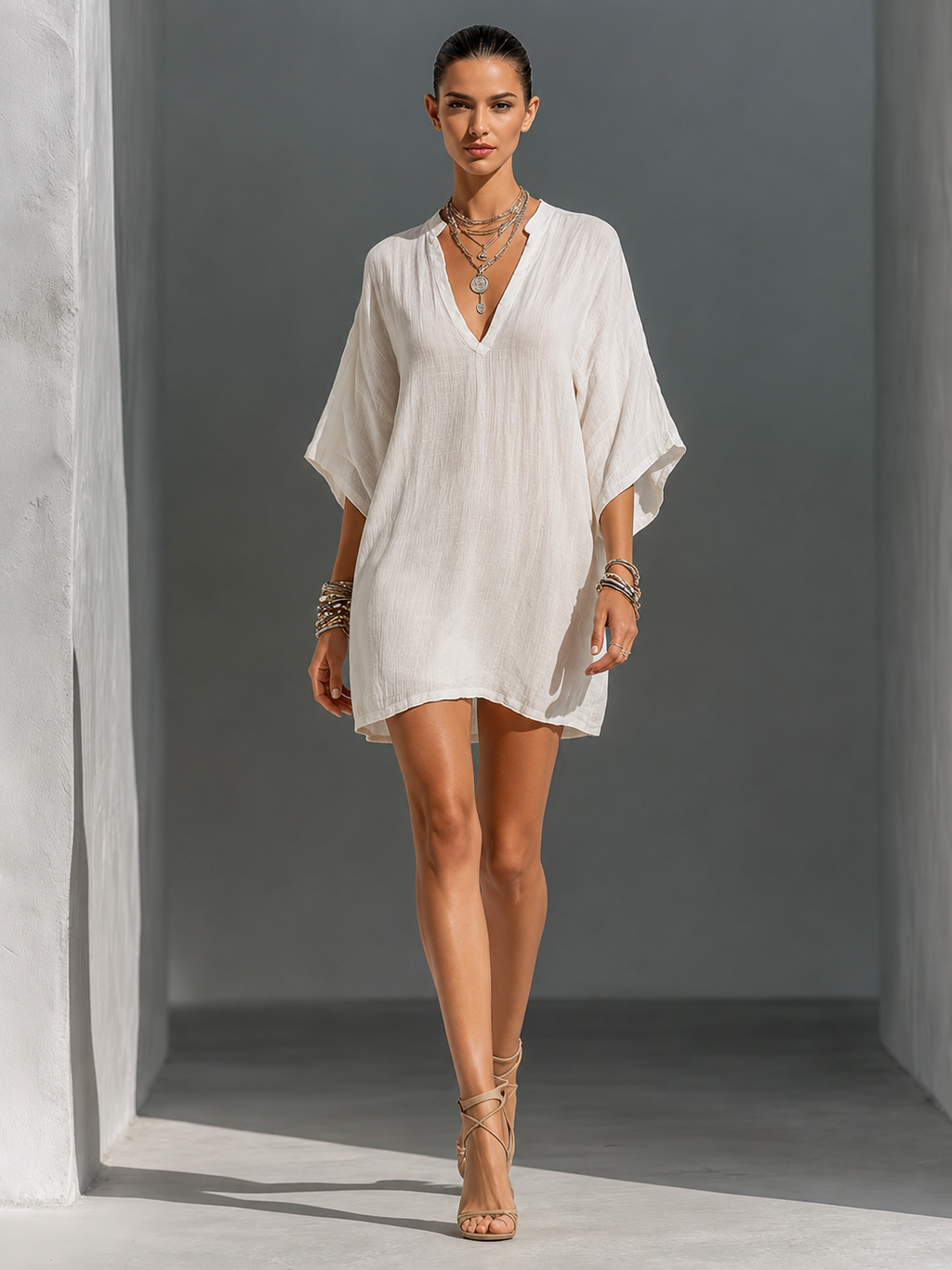 Off-White Floral Embroidered Tie-Neck Mini Dress
