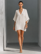 Off-White Floral Embroidered Tie-Neck Mini Dress