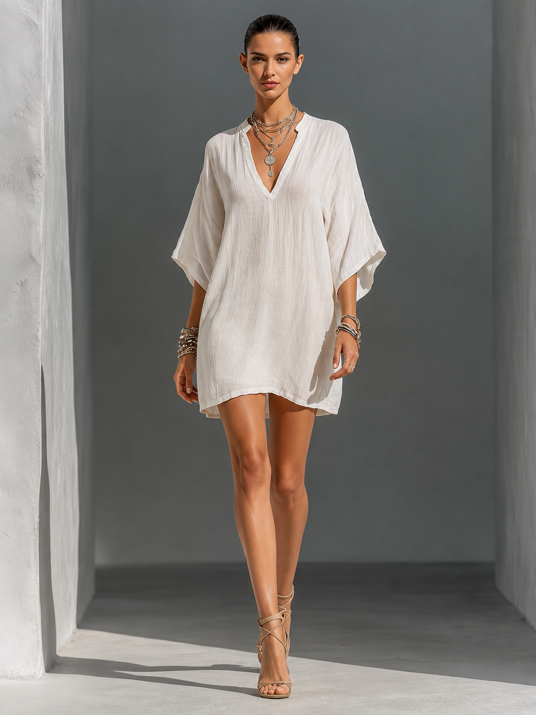 Off-White Floral Embroidered Tie-Neck Mini Dress