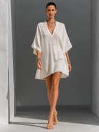 Off-White Floral Embroidered Tie-Neck Mini Dress
