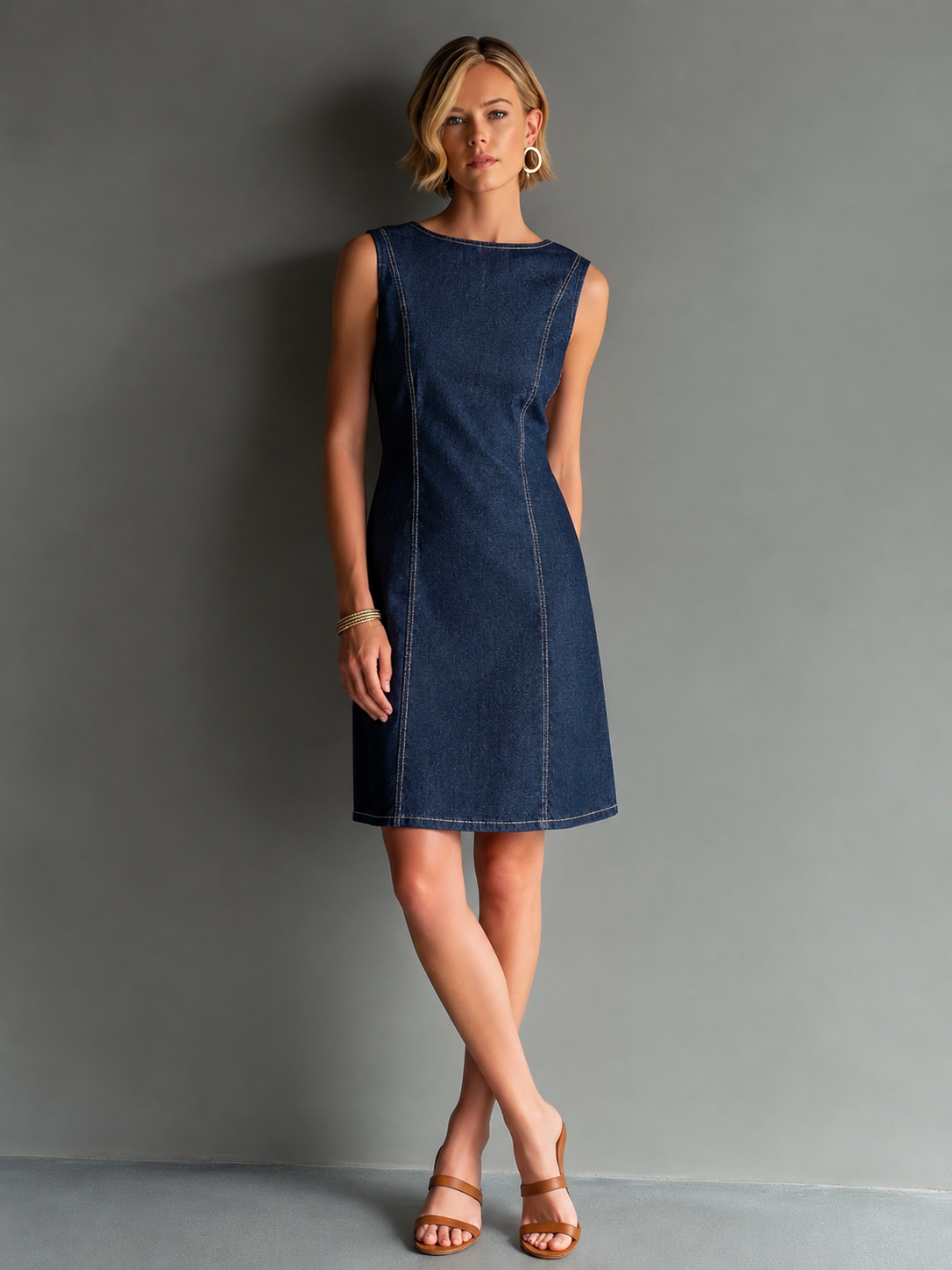 Red Contrast-Stitch Sleeveless Denim Mini Dress