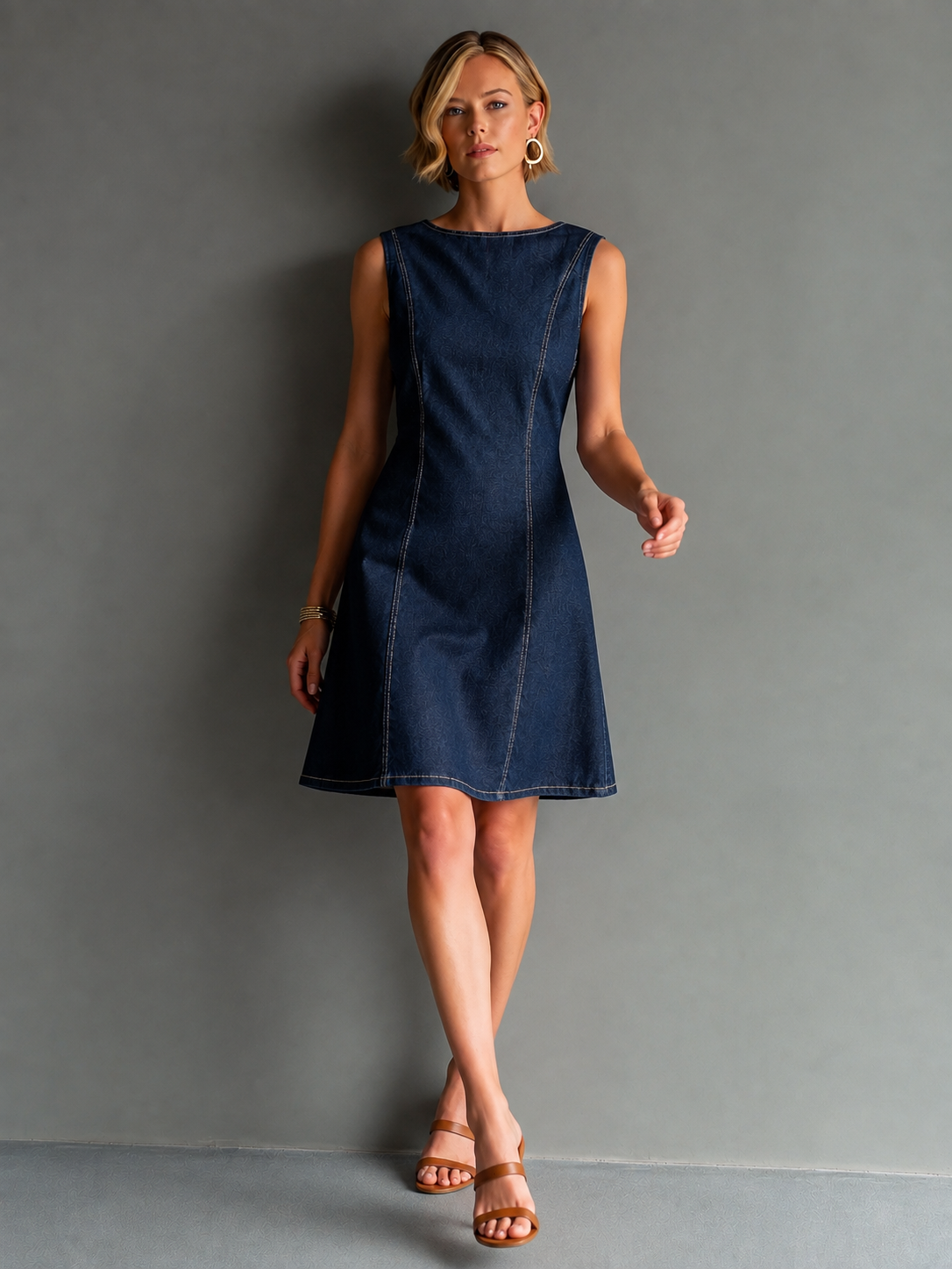 Red Contrast-Stitch Sleeveless Denim Mini Dress