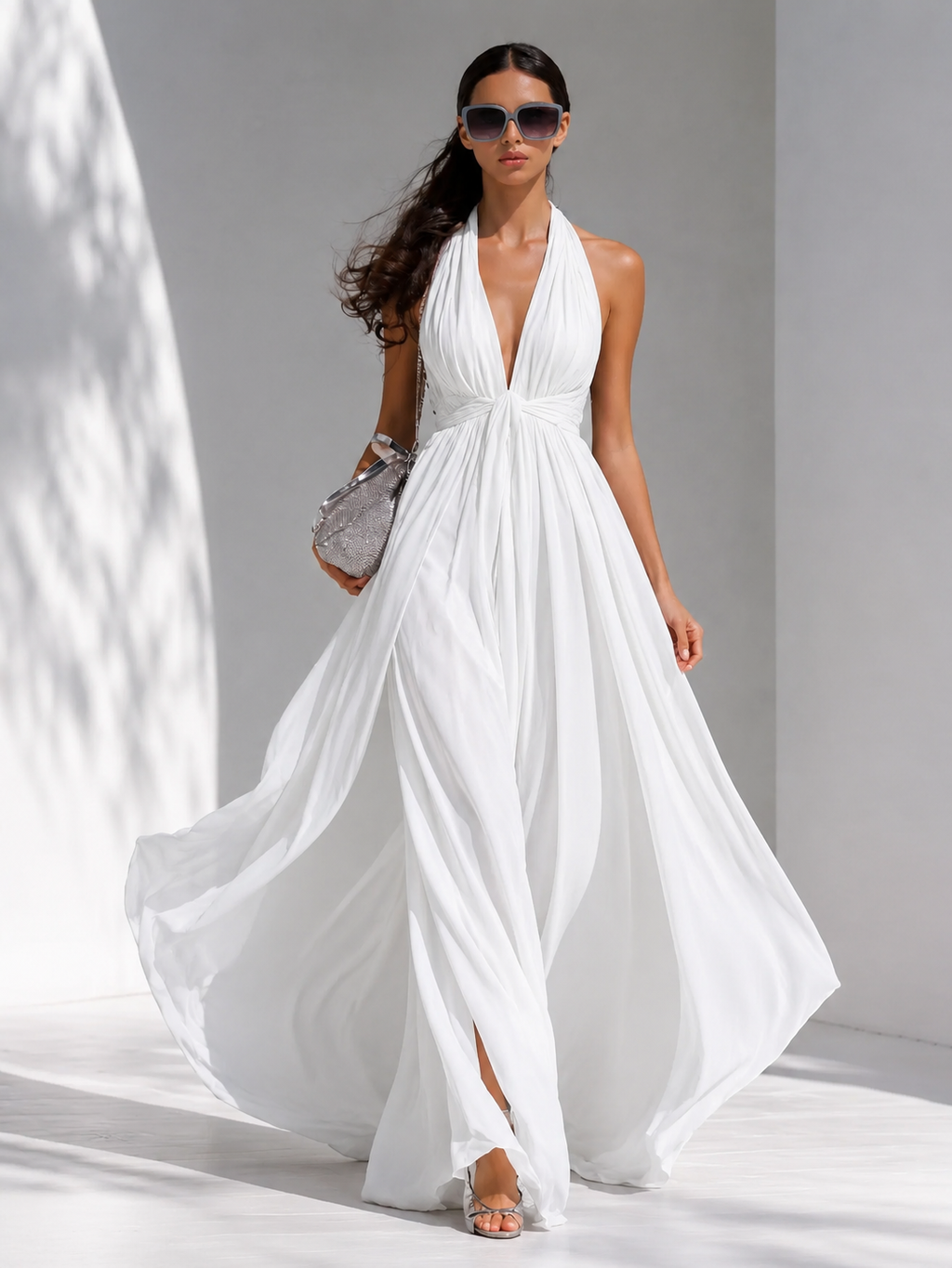White Chiffon Halter V-Neck Flowy Long Dress
